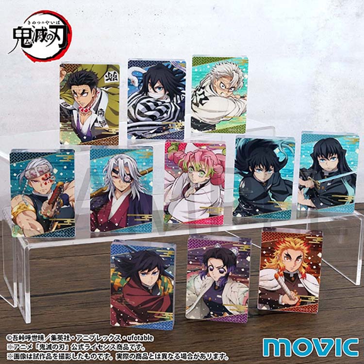 The complete set of 11 Demon Slayer Noble Art Collection B acrylic blocks displayed on tiered transparent stands. The collection features various Hashira characters, including Giyu Tomioka, Shinobu Kocho, and Kyojuro Rengoku, each styled with vibrant colors and traditional Japanese pattern borders.