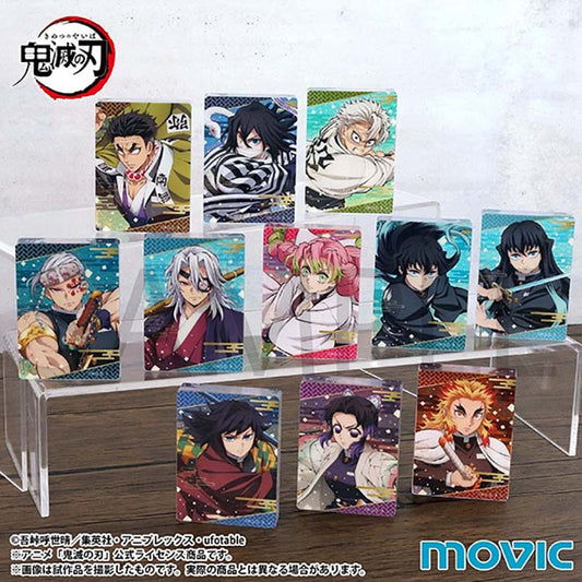 The complete set of 11 Demon Slayer Noble Art Collection B acrylic blocks displayed on tiered transparent stands. The collection features various Hashira characters, including Giyu Tomioka, Shinobu Kocho, and Kyojuro Rengoku, each styled with vibrant colors and traditional Japanese pattern borders.