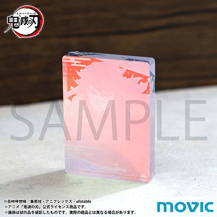 A close-up, angled view of a Demon Slayer Noble Art acrylic block featuring Giyu Tomioka. The image highlights the thickness and transparency of the premium acrylic material, which creates a multi-layered, three-dimensional effect for the character artwork.
