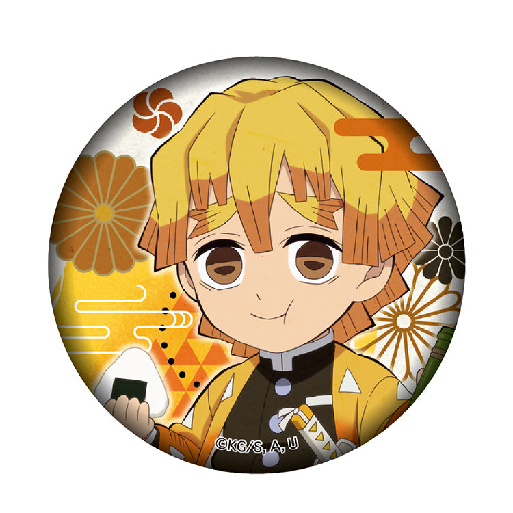 Zenitsu Agatsuma Demon Slayer Kaidou Aruki 56mm chibi button badge, anime pin featuring Zenitsu eating an onigiri.