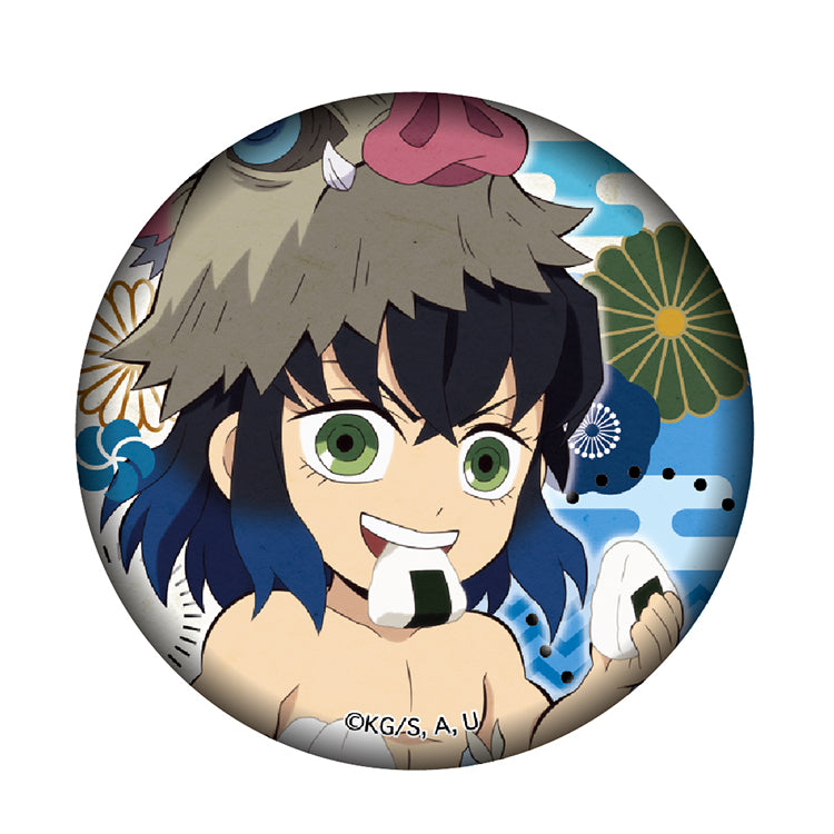 Inosuke Hashibira chibi 56mm badge from Demon Slayer Kaidou Aruki collection eating rice balls. Official anime pin.