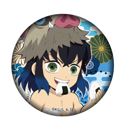 Inosuke Hashibira chibi 56mm badge from Demon Slayer Kaidou Aruki collection eating rice balls. Official anime pin.