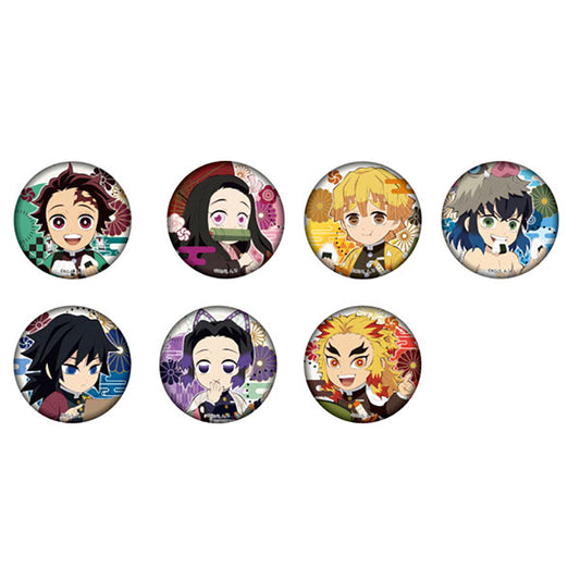 Demon Slayer Kaidou Aruki chibi pin badges featuring Tanjiro, Nezuko, Zenitsu, Inosuke, and Hashira characters.