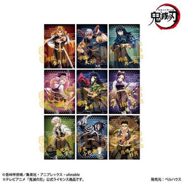 The official retail packaging for the Demon Slayer Trading Foil Stamping Bromide series. The box shows a collage of all nine Hashira and indicates it contains a complete 9-pack set of high-quality Japanese import art cards.