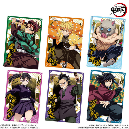 Demon Slayer Wafer Vol.10 featuring collectible anime cards and chocolate wafer packaging with Tanjiro, Nezuko, and other characters.
