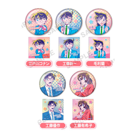Detective Conan City Pop Vol 2 tin badges and stickers featuring Conan, Shinichi, Ran, and Kudo family in retro style.