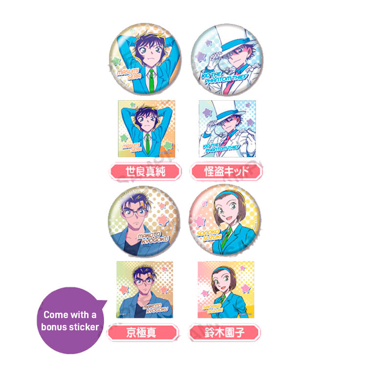 Detective Conan City Pop Vol 2 anime tin badges and matching stickers featuring Kaito Kid and Masumi Sera.