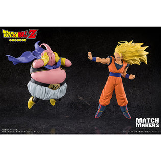 Majin Buu MATCH MAKERS figure from Dragon Ball Z, inspired by the scene where Majin Buu faces Super Saiyan 3 Goku, featuring detailed sculpt and dynamic pose.
