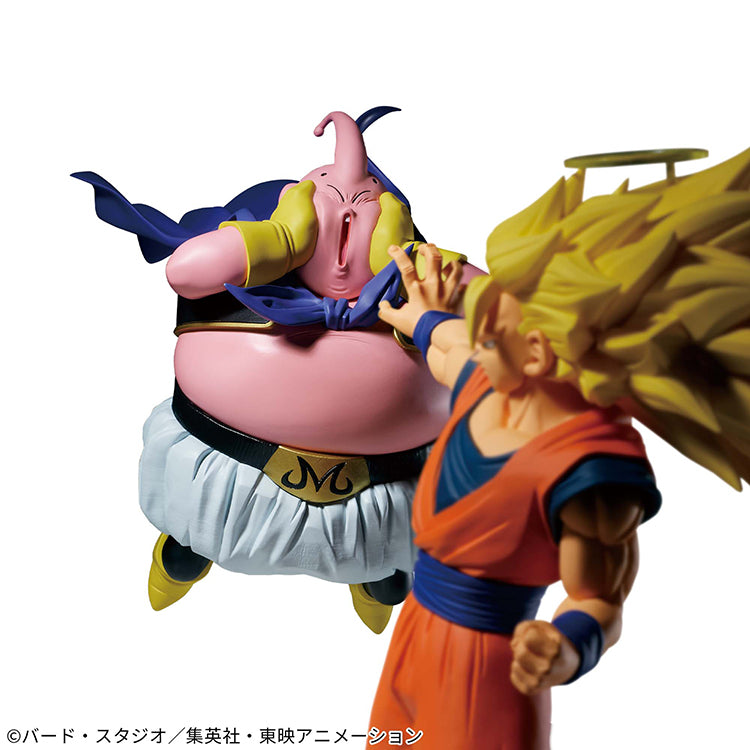 Majin Buu MATCH MAKERS figure from Dragon Ball Z, inspired by the scene where Majin Buu faces Super Saiyan 3 Goku, featuring detailed sculpt and dynamic pose.