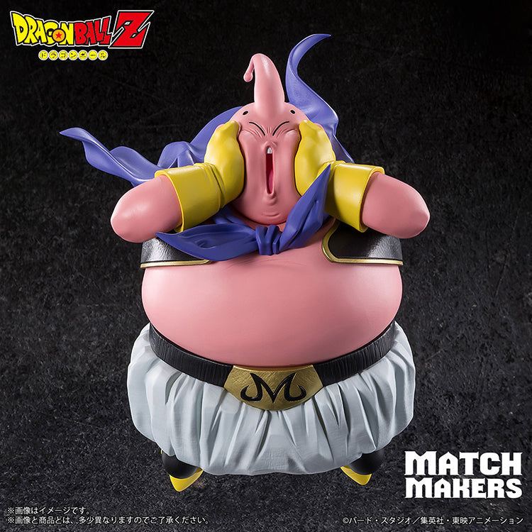 Majin Buu MATCH MAKERS figure from Dragon Ball Z, inspired by the scene where Majin Buu faces Super Saiyan 3 Goku, featuring detailed sculpt and dynamic pose.
