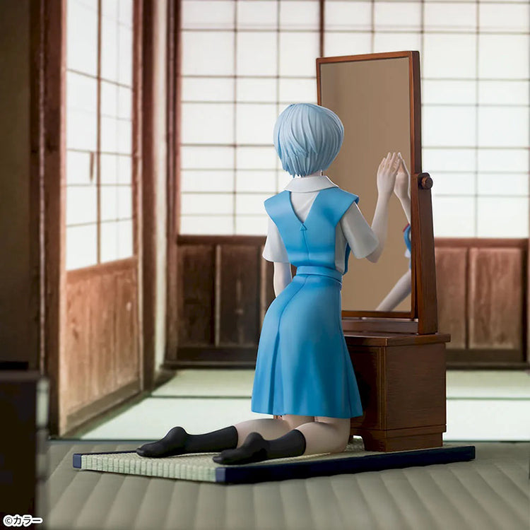 SEGA FIGURIZMα Rei Ayanami figure kneeling at a functional vanity mirror on a tatami mat from Evangelion 3.0+1.0.