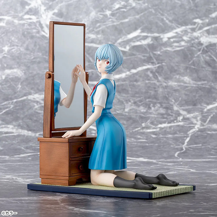 SEGA FIGURIZMα Ayanami Rei school uniform figure kneeling at a functional vanity mirror from Evangelion 3.0+1.0.