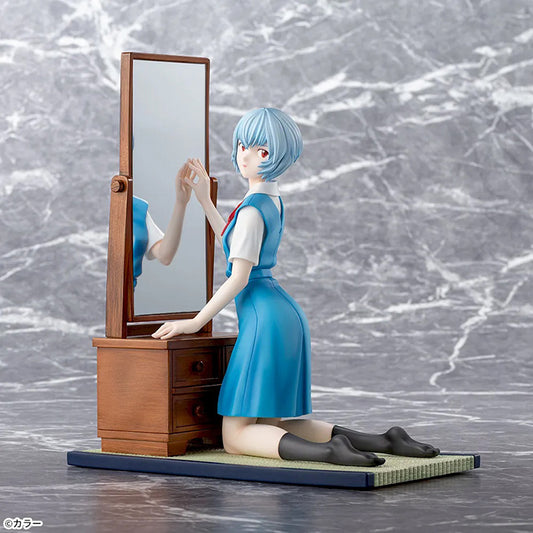 SEGA FIGURIZMα Ayanami Rei school uniform figure kneeling at a functional vanity mirror from Evangelion 3.0+1.0.