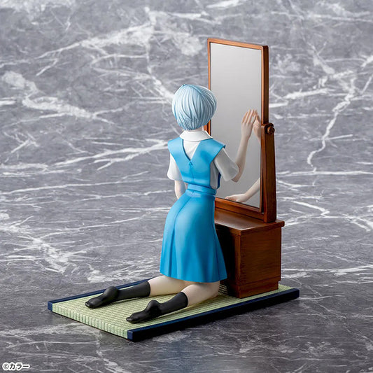 SEGA FIGURIZMα Ayanami Rei figure in school uniform kneeling at a vanity mirror, Evangelion 3.0+1.0 tribute.