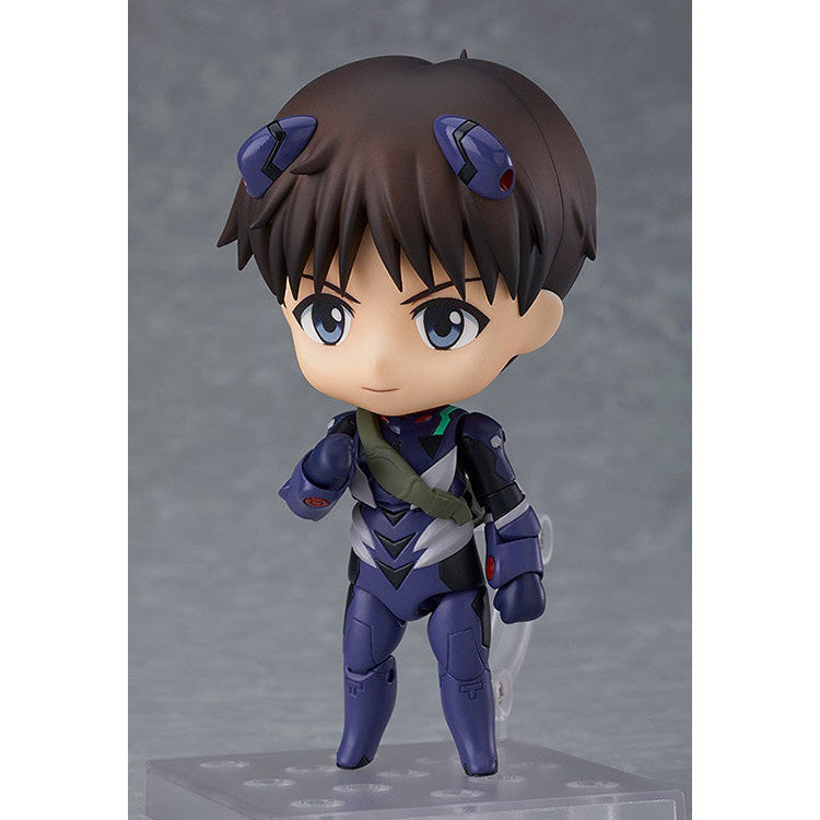 Nendoroid Shinji Ikari from Rebuild of Evangelion in blue plugsuit with interchangeable faces, backpack, Spear of Longinus, and entry plug display parts.