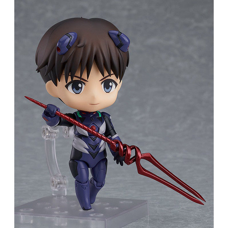 Nendoroid Shinji Ikari from Rebuild of Evangelion in blue plugsuit with interchangeable faces, backpack, Spear of Longinus, and entry plug display parts.