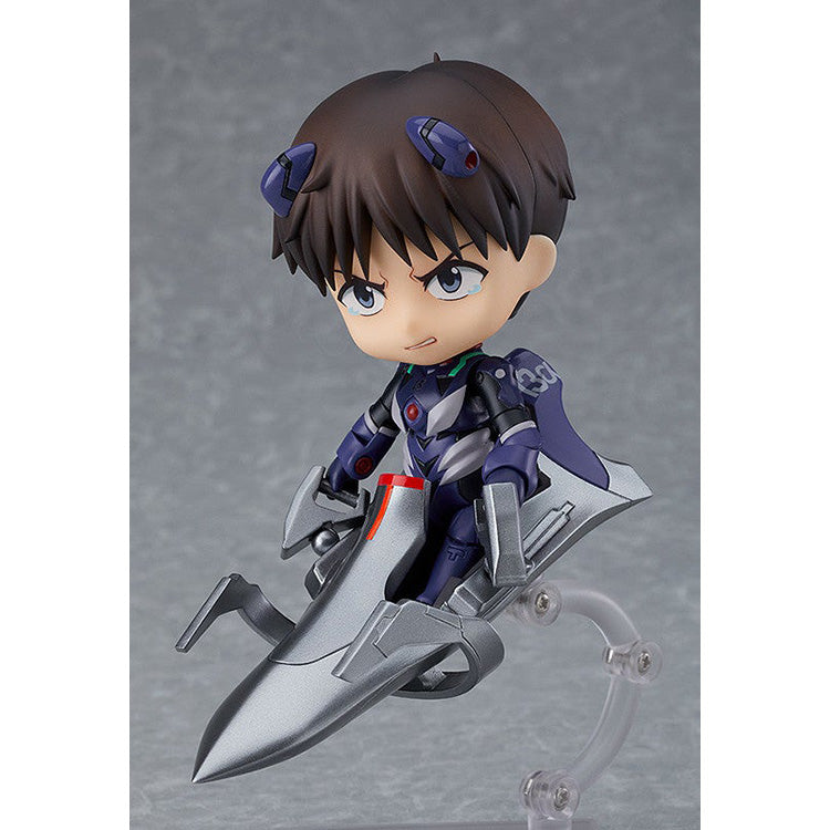Nendoroid Shinji Ikari from Rebuild of Evangelion in blue plugsuit with interchangeable faces, backpack, Spear of Longinus, and entry plug display parts.