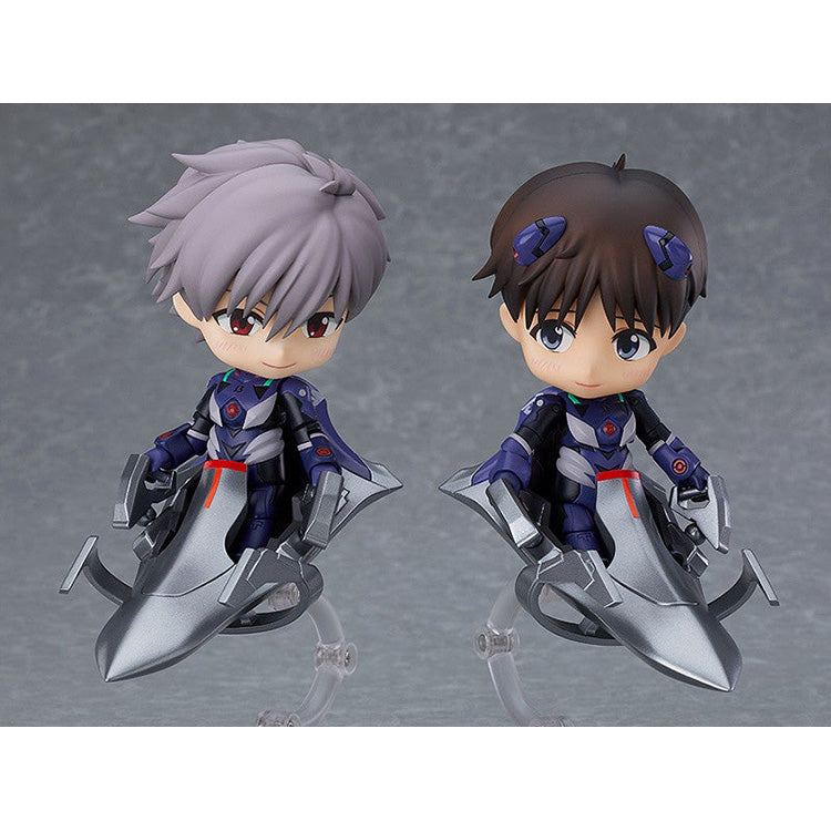 Nendoroid Shinji Ikari from Rebuild of Evangelion in blue plugsuit with interchangeable faces, backpack, Spear of Longinus, and entry plug display parts.