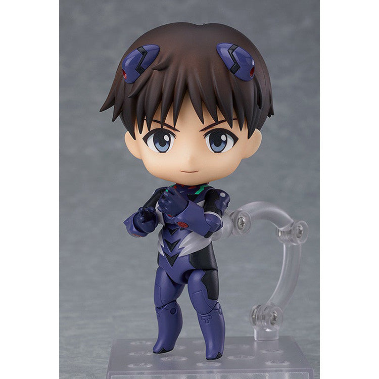 Nendoroid Shinji Ikari from Rebuild of Evangelion in blue plugsuit with interchangeable faces, backpack, Spear of Longinus, and entry plug display parts.