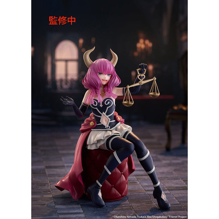 Front view of the Aura the Guillotine Desktop Cute figure by Taito, showcasing her signature pink pigtails, demon horns, and holding her Scales of Obedience.