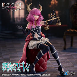 Official promotional shot of the Taito Desktop Cute Aura the Guillotine figure from Frieren: Beyond Journey's End, featuring the character sitting on a red tufted base with her scales.