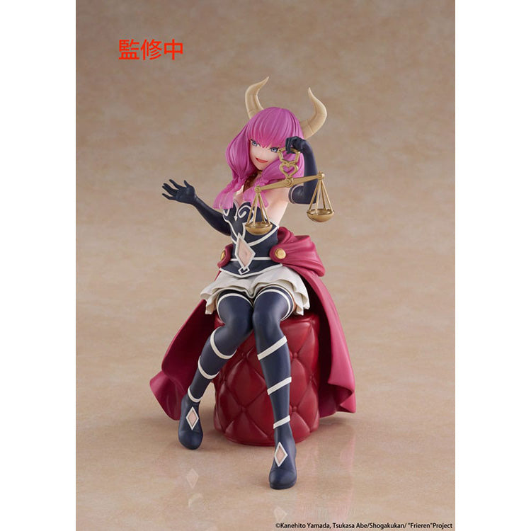 A three-quarter angle of the Frieren: Beyond Journey's End Aura figure from the Taito Desktop Cute line, highlighting the detailed sitting pose and outfit.