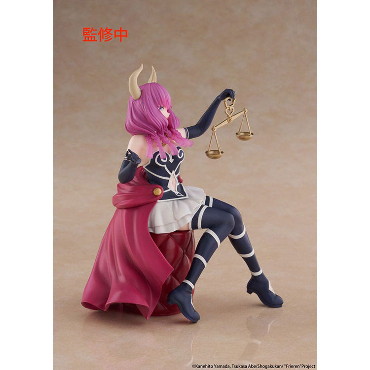 A side view of the Frieren: Beyond Journey's End Aura figure from the Taito Desktop Cute line, highlighting the detailed sitting pose and outfit.