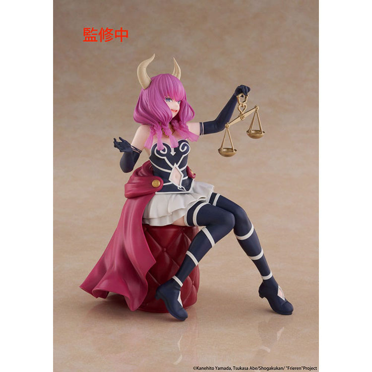 A three-quarter angle of the Frieren: Beyond Journey's End Aura figure from the Taito Desktop Cute line, highlighting the detailed sitting pose and outfit.