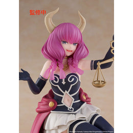 Close up of the front view of Aura the Guillotine Desktop Cute figure by Taito, showcasing her signature pink pigtails, demon horns, and holding her Scales of Obedience.