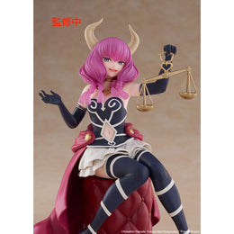 Close up of the front view of Aura the Guillotine Desktop Cute figure by Taito, showcasing her signature pink pigtails, demon horns, and holding her Scales of Obedience.