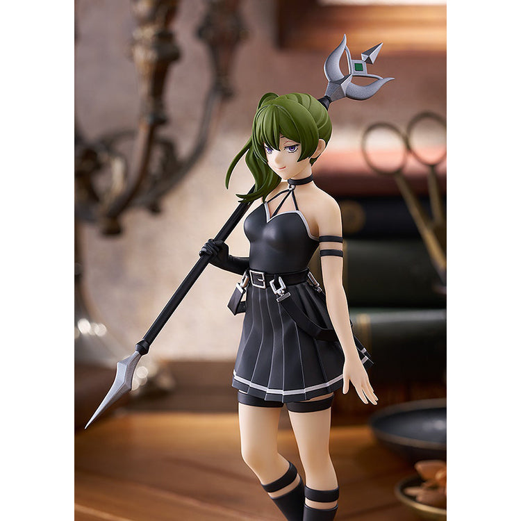Übel Frieren POP UP PARADE figure, three-quarter view from the knees up, silver spear tip of her staff angled down