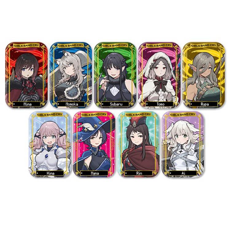 Girls Band Cry Foil Marukaku Can Badge Collection Vol.2 – set of 9 anime character badges featuring Nina, Monoka, Subaru, Tono, Rupa, Hina, Nana, Rin, and Ai with foil accents and rounded rectangle design.