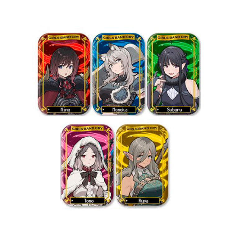 Girls Band Cry Foil Marukaku Can Badge Collection Vol.2 – set of 9 anime character badges featuring Nina, Monoka, Subaru, Tono, Rupa, Hina, Nana, Rin, and Ai with foil accents and rounded rectangle design.