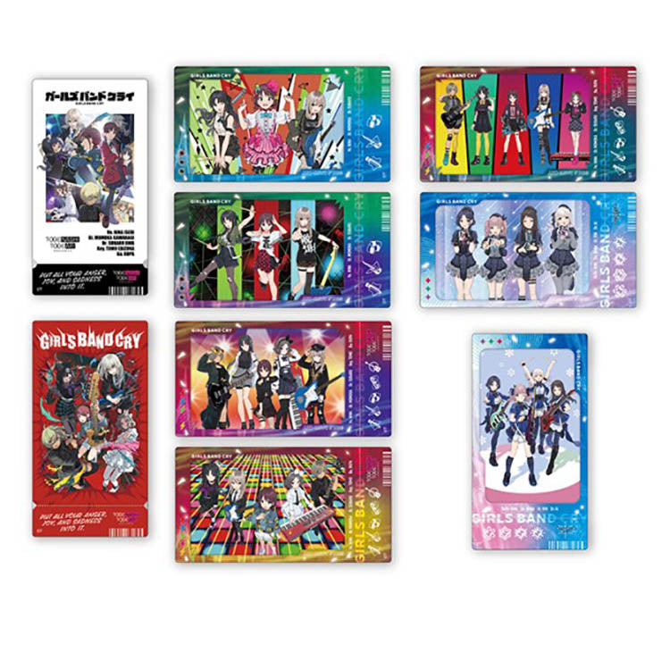 Complete lineup of Girls Band Cry Visual Clear Tickets by Ensky, featuring 20 different designs. The collection includes anime key visuals and special RPG-inspired character artwork of Nina, Monoka, Subaru, Tono, Rupa, Hina, Nana, Rin, and Ai. Each pack contains 2 random clear cards.