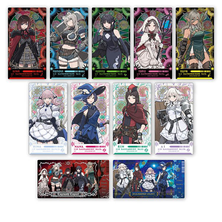 Complete lineup of Girls Band Cry Visual Clear Tickets by Ensky, featuring 20 different designs. The collection includes anime key visuals and special RPG-inspired character artwork of Nina, Monoka, Subaru, Tono, Rupa, Hina, Nana, Rin, and Ai. Each pack contains 2 random clear cards.