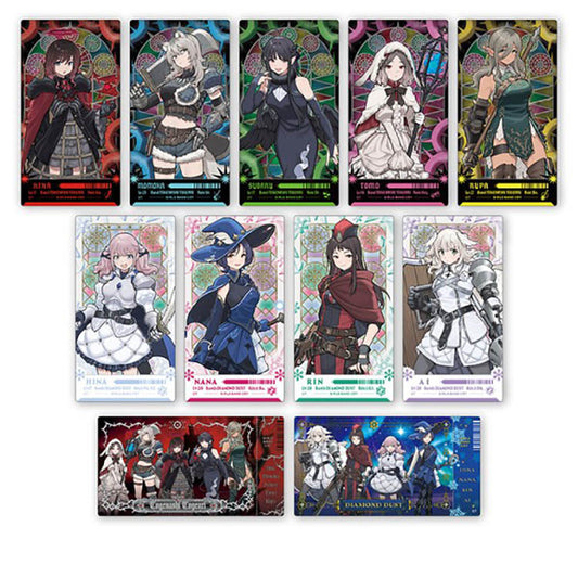 Complete lineup of Girls Band Cry Visual Clear Tickets by Ensky, featuring 20 different designs. The collection includes anime key visuals and special RPG-inspired character artwork of Nina, Monoka, Subaru, Tono, Rupa, Hina, Nana, Rin, and Ai. Each pack contains 2 random clear cards.