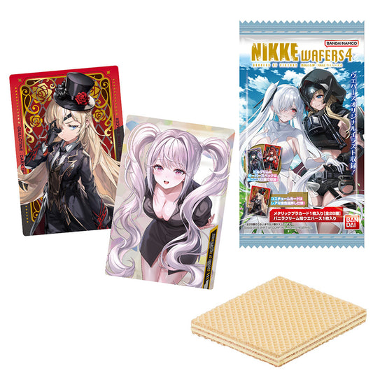 Product image of the Goddess of Victory: NIKKE Wafer Card Collection Vol. 4, showing the blind-pack packaging that includes one random metallic NIKKE character card and a vanilla cream wafer.