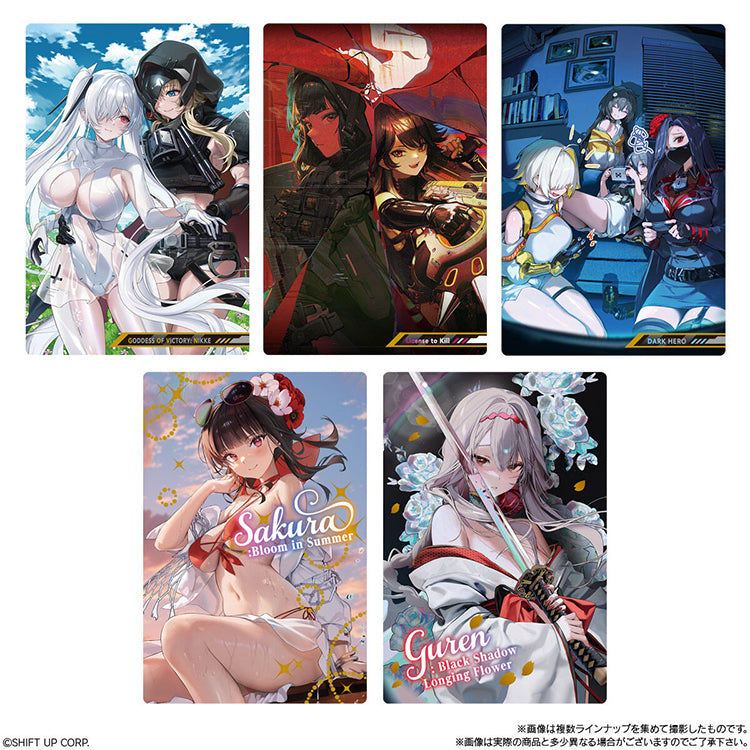 Product image of the Goddess of Victory: NIKKE Wafer Card Collection Vol. 4, showing the blind-pack packaging that includes one random metallic NIKKE character card and a vanilla cream wafer.