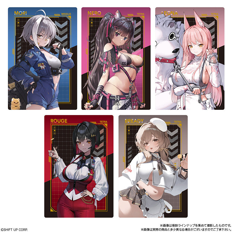 Product image of the Goddess of Victory: NIKKE Wafer Card Collection Vol. 4, showing the blind-pack packaging that includes one random metallic NIKKE character card and a vanilla cream wafer.