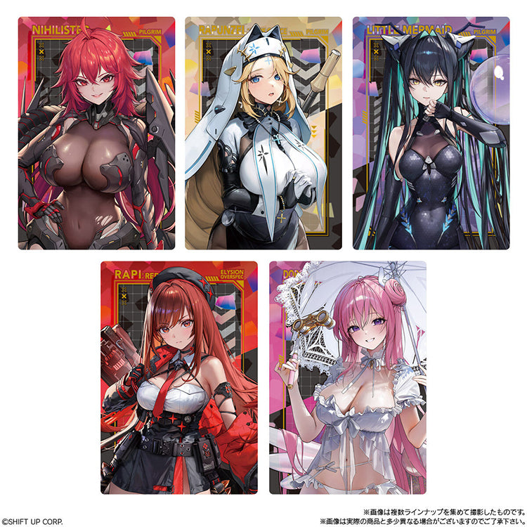Product image of the Goddess of Victory: NIKKE Wafer Card Collection Vol. 4, showing the blind-pack packaging that includes one random metallic NIKKE character card and a vanilla cream wafer.