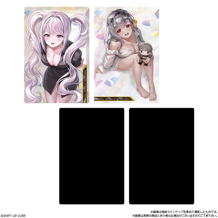 Product image of the Goddess of Victory: NIKKE Wafer Card Collection Vol. 4, showing the blind-pack packaging that includes one random metallic NIKKE character card and a vanilla cream wafer.