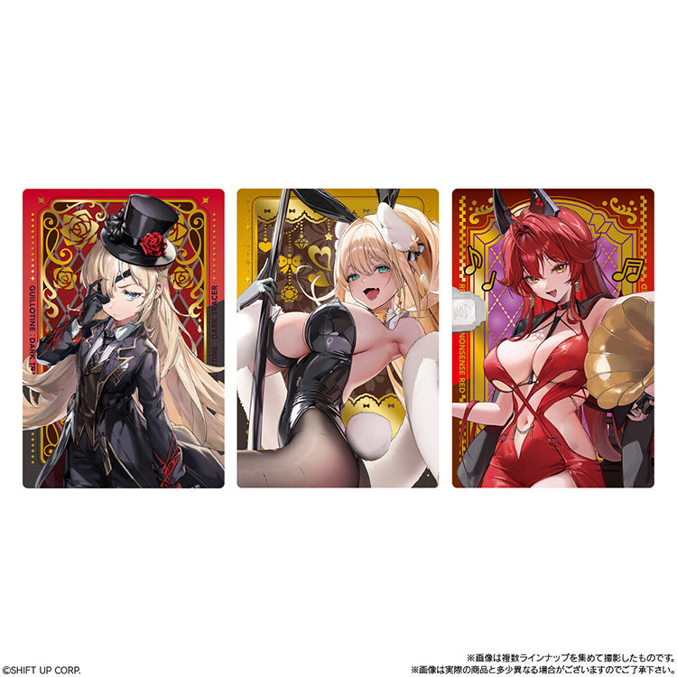 Product image of the Goddess of Victory: NIKKE Wafer Card Collection Vol. 4, showing the blind-pack packaging that includes one random metallic NIKKE character card and a vanilla cream wafer.