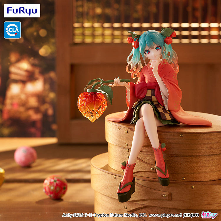 Official FuRyu Hatsune Miku Winter Cherry Flower Fairy Noodle Stopper figure, 6-inch collectible in colorful fairy costume.