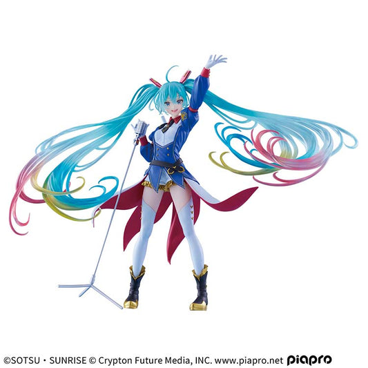 A full-body studio shot of the Hatsune Miku BANPRESTO EVOLVE figure against a white background. Miku wears a Gundam-inspired blue and white uniform with gold metallic accents and holds a classic silver microphone.