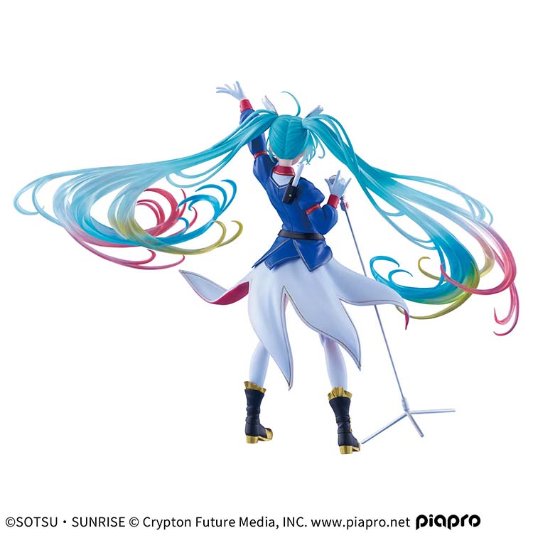 The back view of the Hatsune Miku collaboration figure, showcasing the dynamic flow of her voluminous twin-tails and the mechanical details on the back of her uniform.
