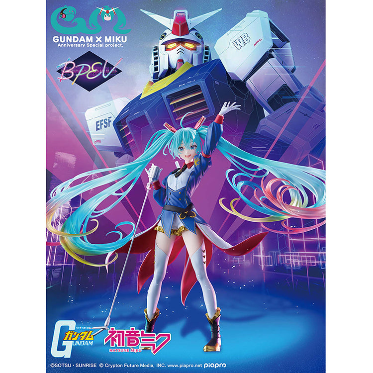 A promotional poster featuring the Hatsune Miku figure in the foreground with a massive RX-78-2 Gundam looming in the background amidst a cosmic, neon-lit sky.