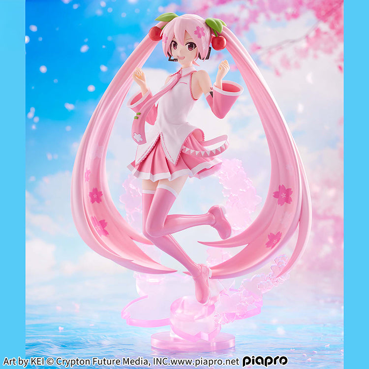 Sakura Miku BANPRESTO EVOLVE figure featuring pink twin-tails and cherry blossom themed outfit on a petal base.