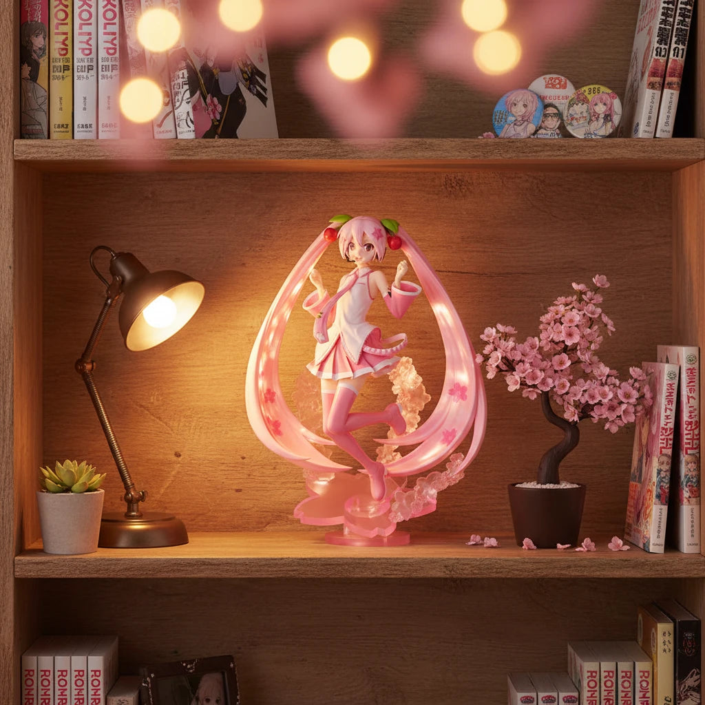 Sakura Miku BANPRESTO EVOLVE Vocaloid figure with cherry blossom pink hair and outfit by Bandai Spirits displayed on a bookshelf with manga and anime pin badge