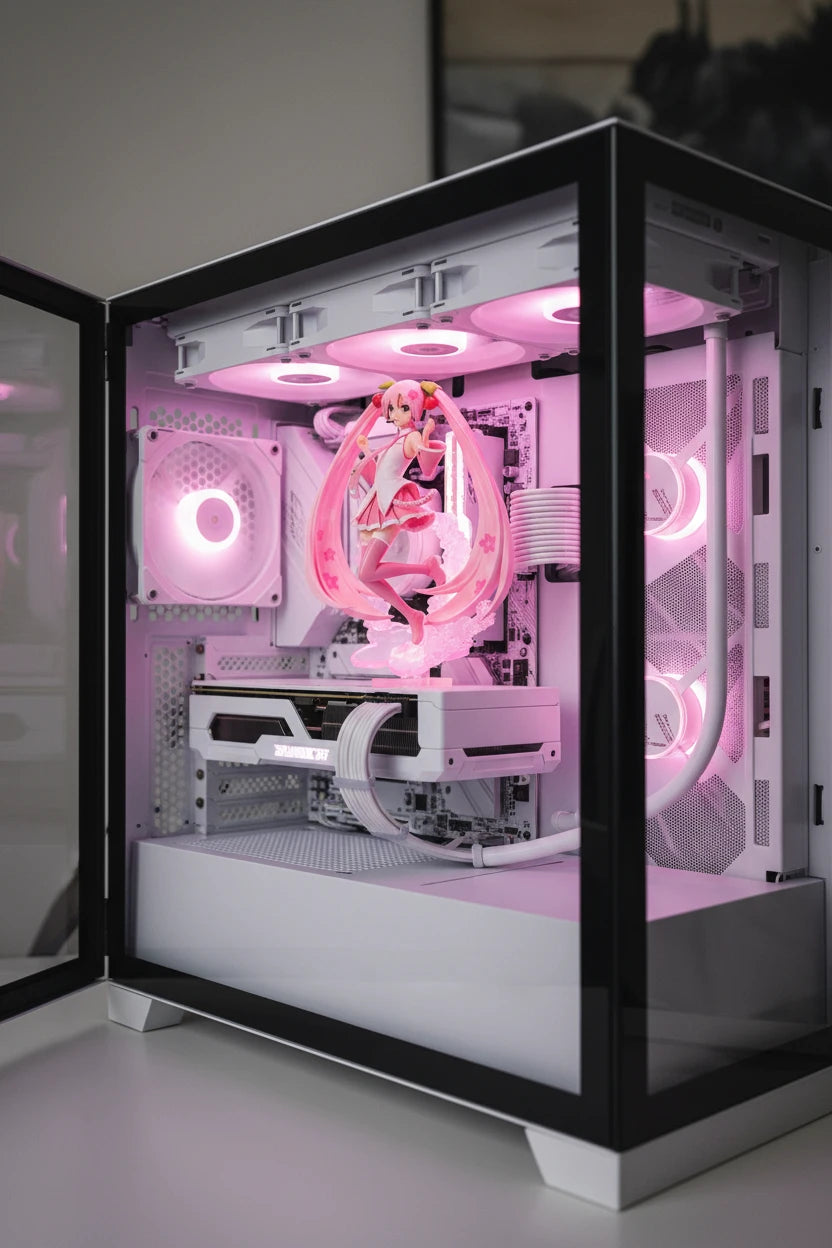 Sakura Miku BANPRESTO EVOLVE Vocaloid figure with cherry blossom pink hair and outfit by Bandai Spirits display in a glass pc case