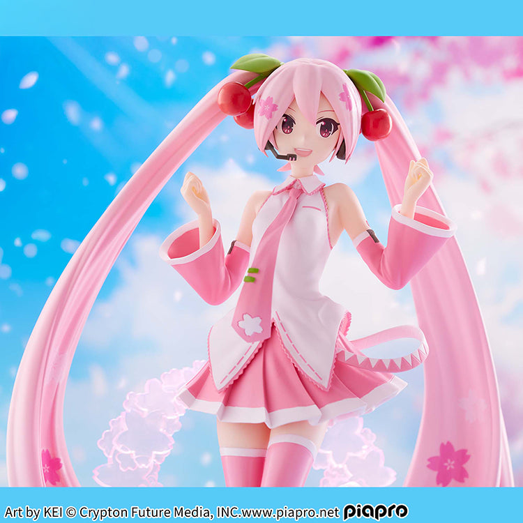Sakura Miku BANPRESTO EVOLVE figure with pink translucent twin-tails, cherry blossom accents, and cherry hair clips.